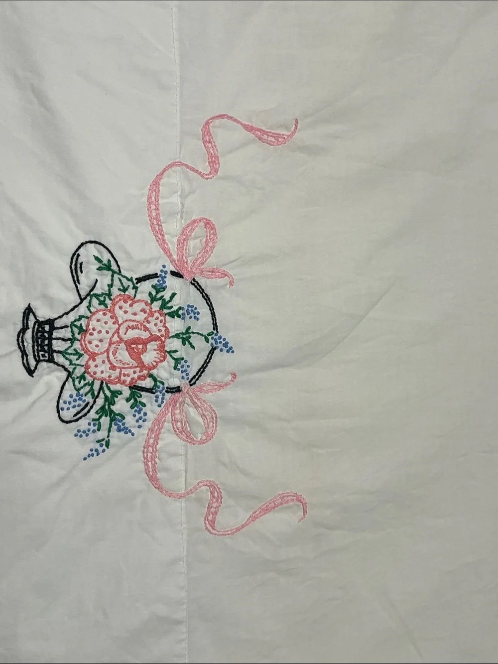 Beautiful VTG- Hand Embroidered Queen Set Pillowcases-Flower Basket,Ribbon Motif